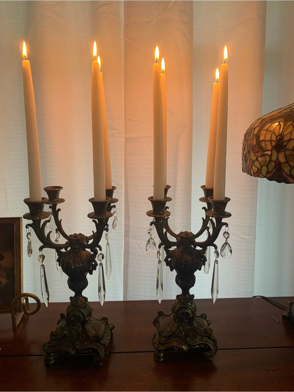 Ornate Brass Four Arm Candelabra Pair in Gold.  Glass tear drops